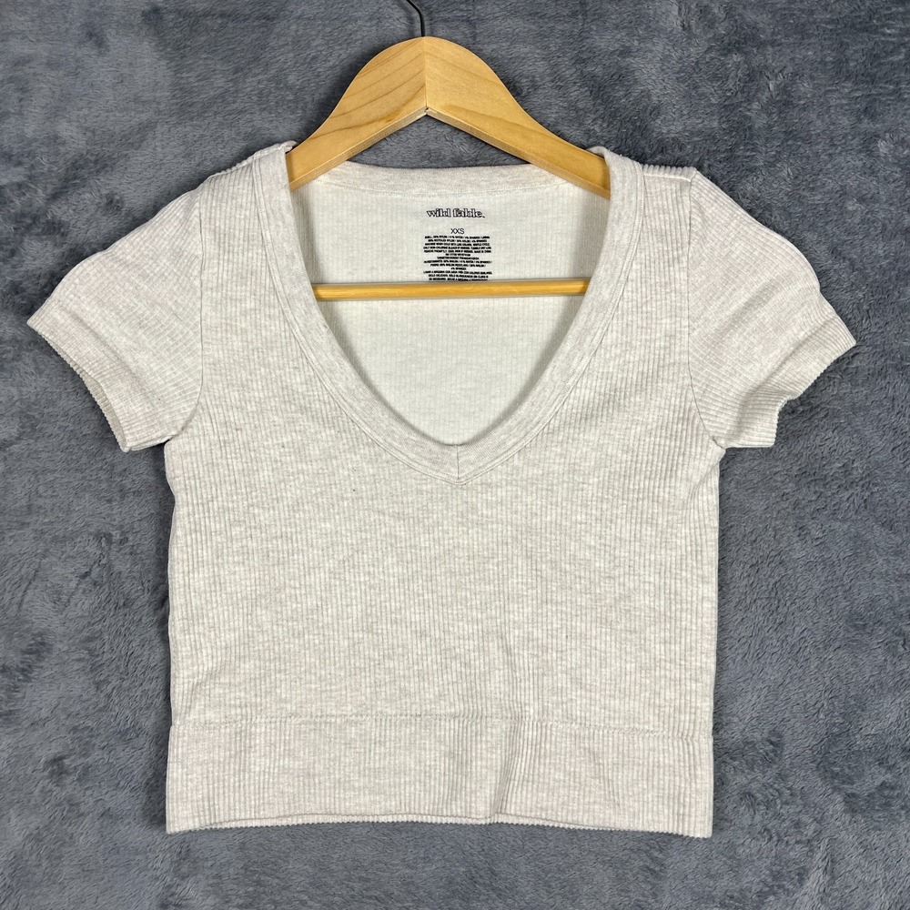 Wild Fable Cropped Top Womens 2XS Heathered Oatmeal Knitted Ribbed Plunge V Neck